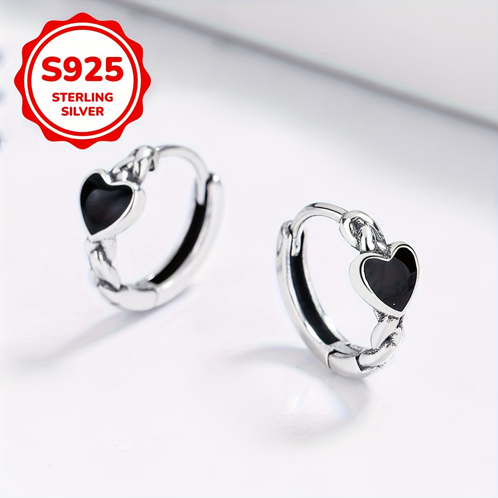 Women's 2pc S925 Silver Black Heart Stud Earrings, Versatile Gift